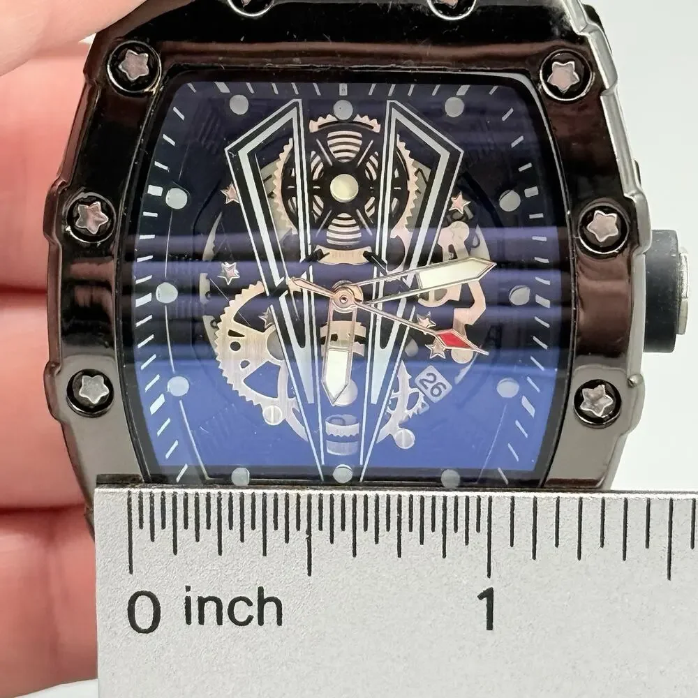 Mens Black Tonneau Watch Quartz Heavy Duty Fashion Skeleton Dial Wine Barrel
